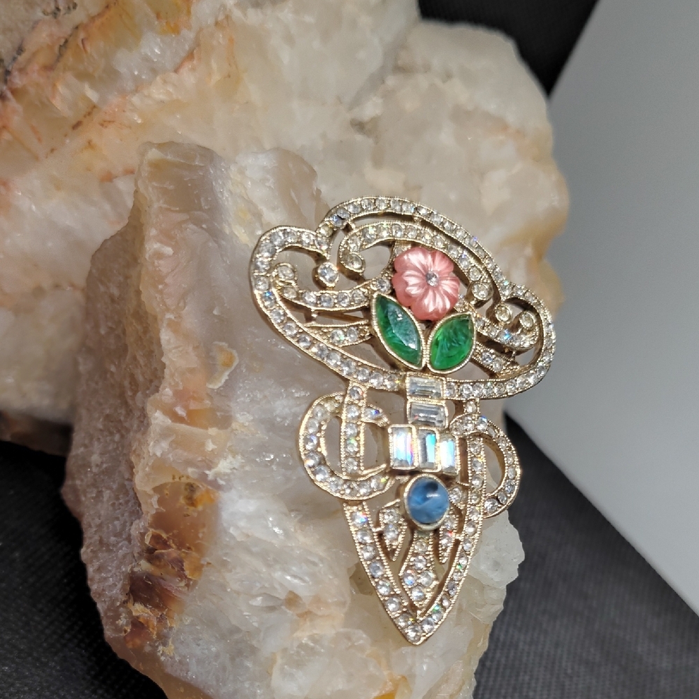 1928 Brand Art Deco Style Rhinestone Pink Floral Brooch - Picture 5 of 8